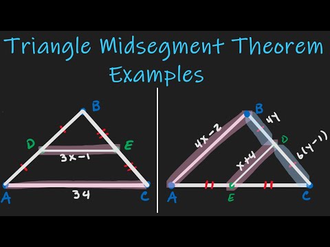 Using the triangle midsegment theorem - Examples to solve for x and y.