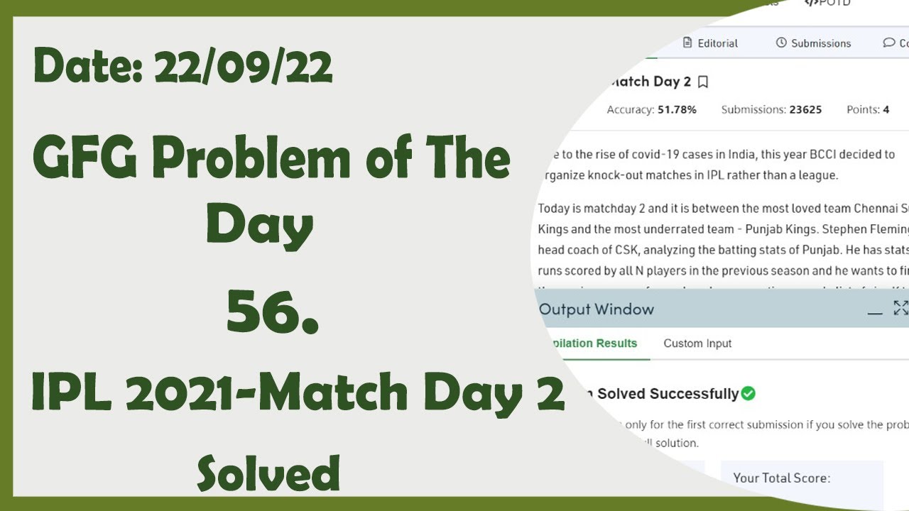 IPL 2021 Match Day 2 C GFG Daily Problem YouTube Ipl 2021 match day 2 c gfg daily problem youtube