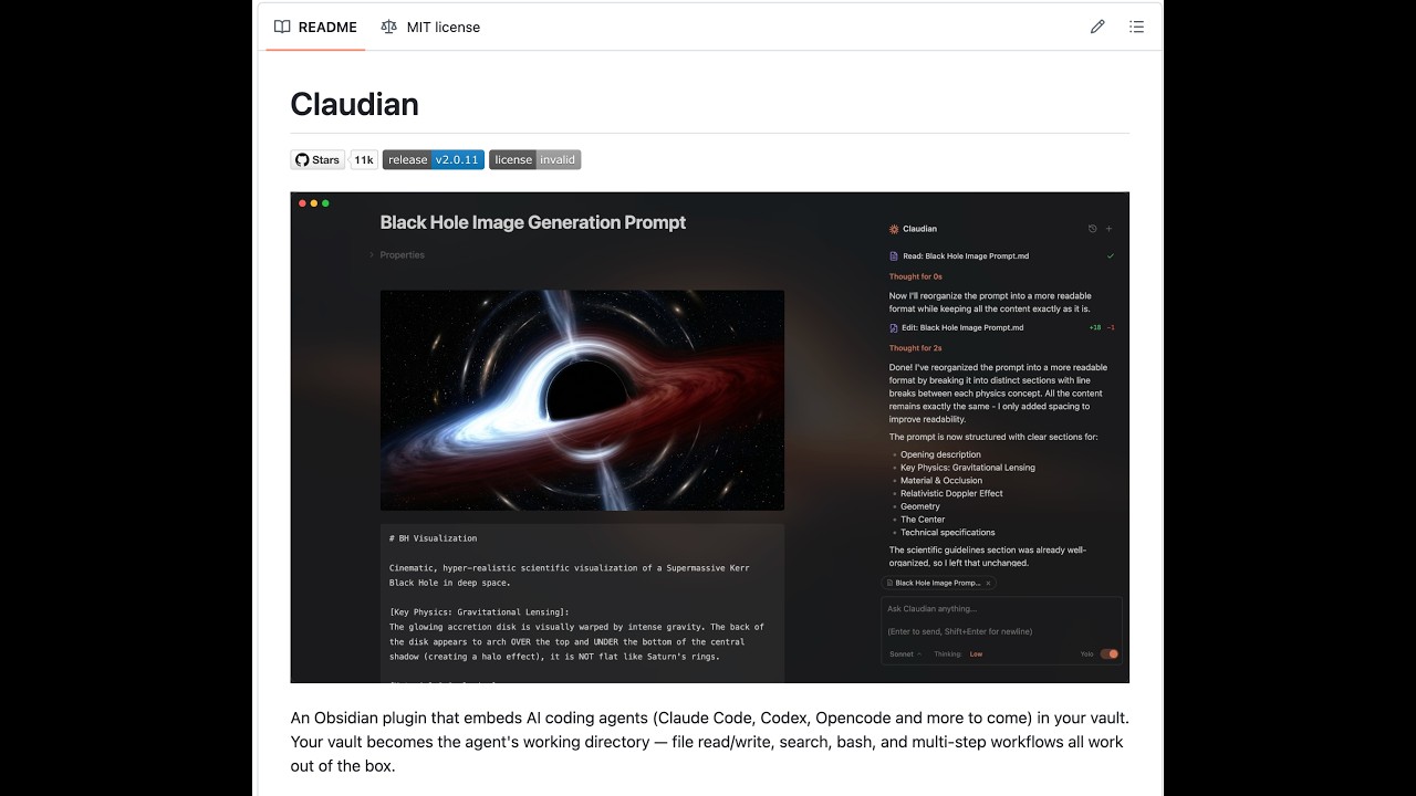옵시디언(Obsidian)을 완벽한 AI 코딩 작업 공간으로 탈바꿈하는 '클로디안(Claudian)' 플러그인의 핵심 기능 및 아키텍처