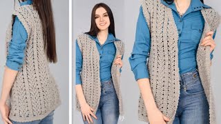 картинка: Вяжем стильный жилет крючком красивым узором всего 2 ряда.Свяжет даже начинающий.