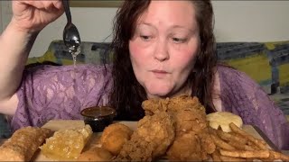 ASMR fried chicken, fries, honeycomb, goat cheese fritters, blueberry cream cheese pie MUKBANG