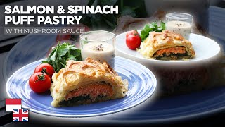 Sehat Praktis: Resep Salmon & Spinach Puff Pastry With Mushroom Sauce