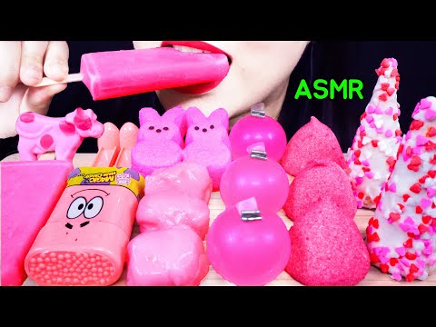 ASMR*핑크 디저트(핑크꼬깔 초콜렛, 복숭아 젤리, 마시멜로, 딸기 꿀떡, 새콤달콤 바, 매직헤어 푸딩캔디)먹방*NO TALKING*EATING SOUND*REAL SOUND