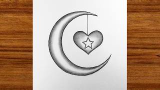 Easy Moon With Heart Drawing | How to Draw a Moon with Hanging Heart & star | Pencil Sketch drawing