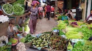 Morning Food Market Scene @Siem Reap  Plenty Fresh Rural Vegetable, Dry Fish & More Food In Market