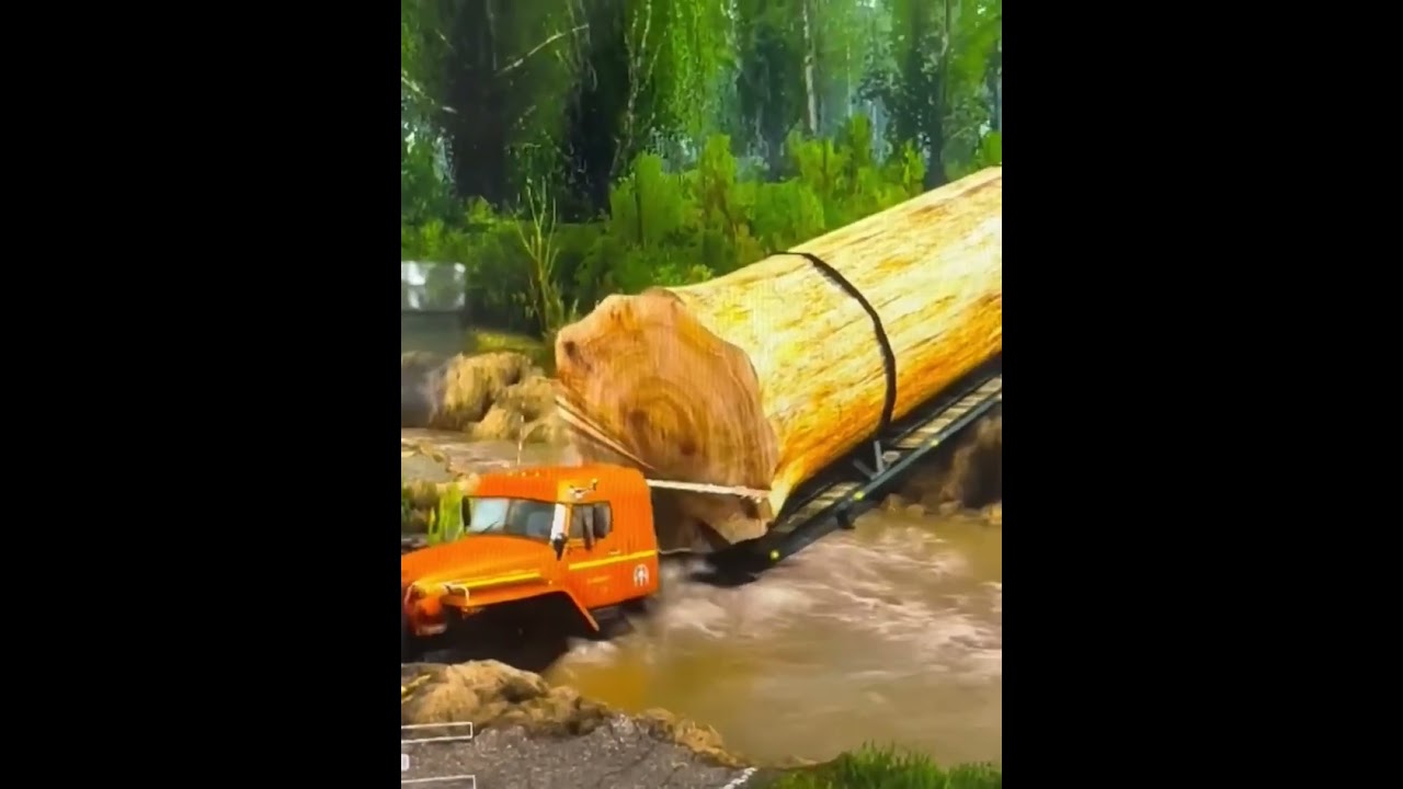 Truck crossing a river Carrying a giant log @jocelynringham2145