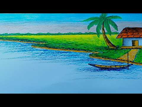 River side village drawing / easy scenery drawing