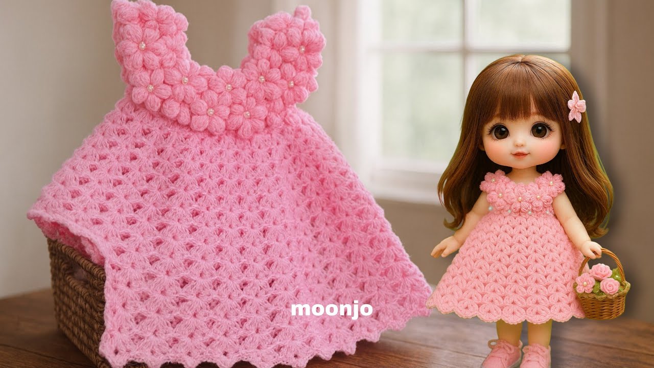 فستان كروشيه ورد باف بتصميم حصري لأول مرة | Puff Flower Baby Dress – 12-18 Months