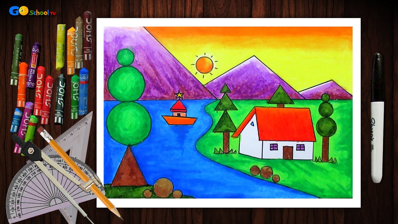 Easy scenery drawing using geometrical shapes for Beginners and ...