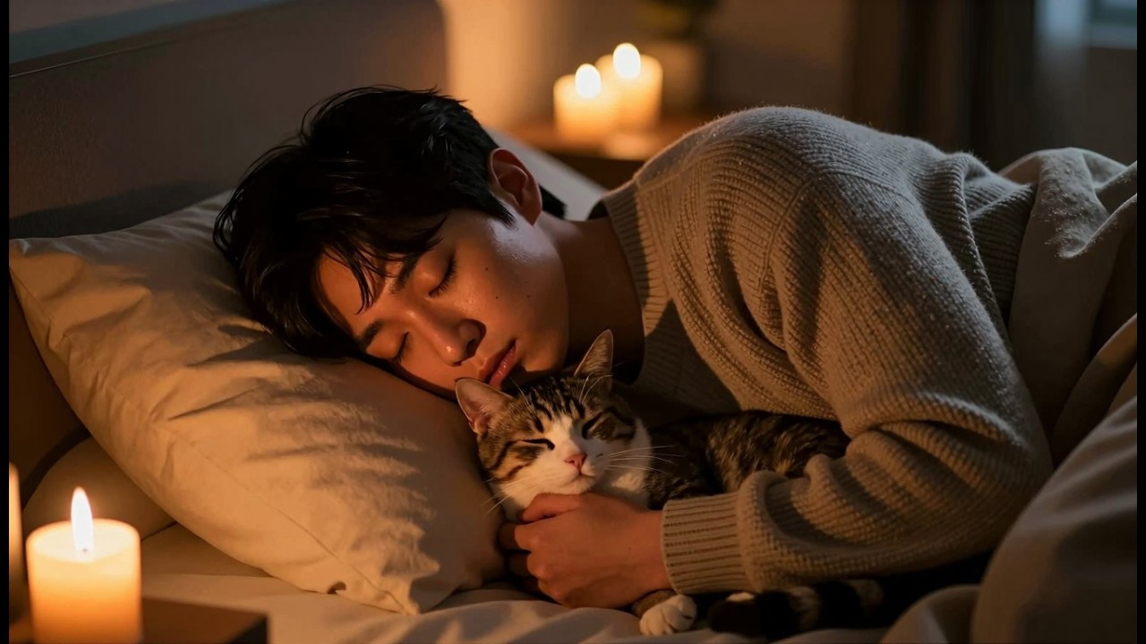 Sleepy K-Pop Boyfriend holding Cat in Candlelight Cozy Sleep ASMR