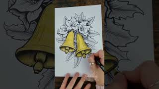 Coloring winter flowers Poinsettia with golden bells - adult coloring pages | Soul Coloring