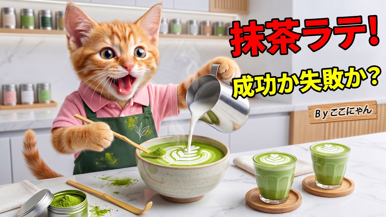 【まさかの転機】ここにゃん、TVの抹茶に一目惚れ…見習いから始まり自宅で極上ラテを作れるようになった物語😱🍵✨