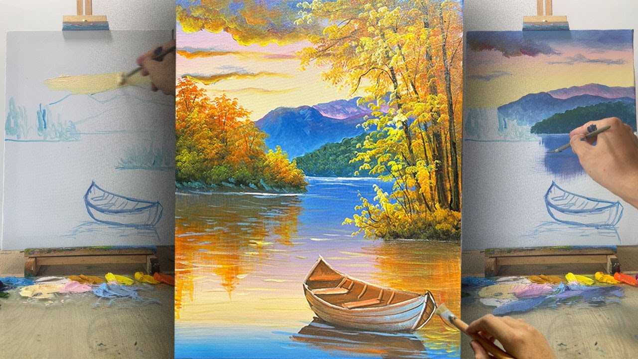 Calm Boat on the Riverbank  | Acrylic Landscape for Beginners| HAO ART