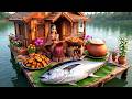 Miniature Doll Cooks Giant Tuna Fish  | Floating River House Tiny Kitchen | Indian Village Cooking