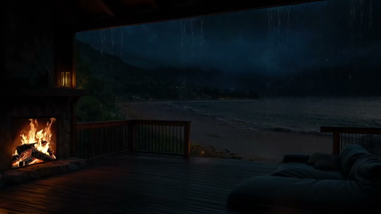 NIGHT RAIN THERAPY 💤 (No Ads) 🌧️ Sea Storm Through Glass Windows 🔥 Cozy Cabin for Inner Peace