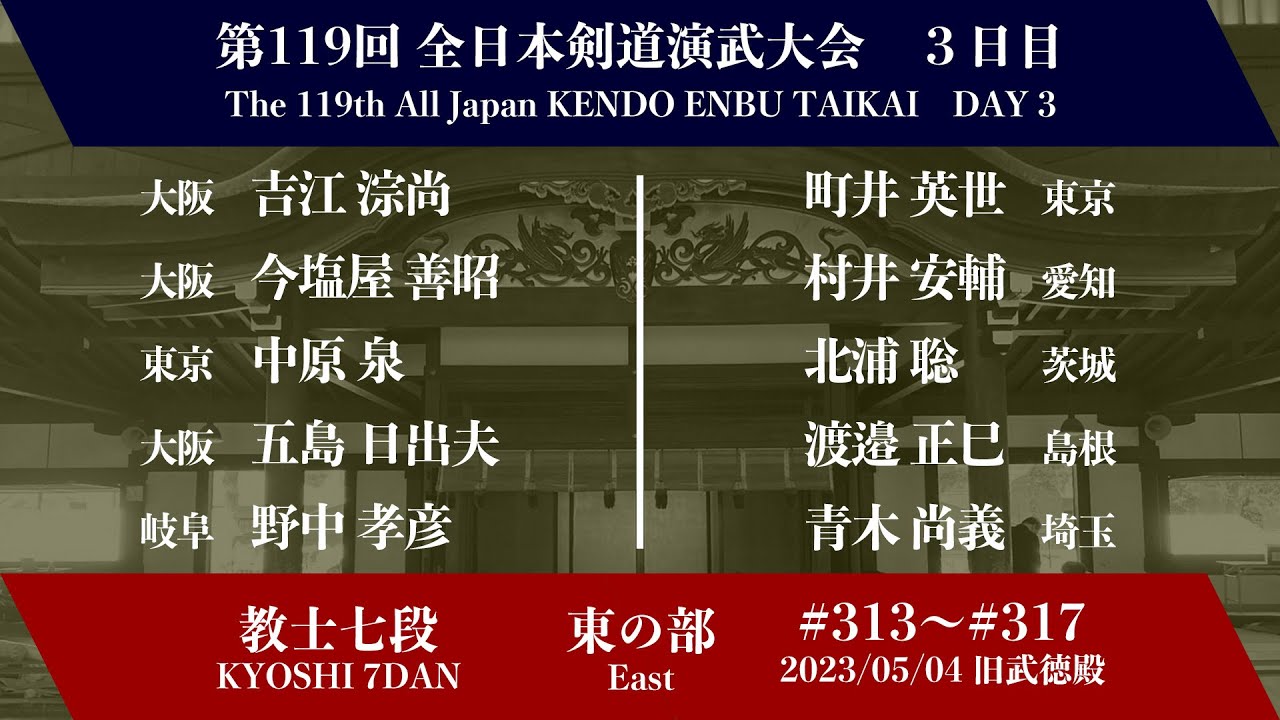 第119回全日本剣道演武大会 剣道教士七段 東の部 313 - 317