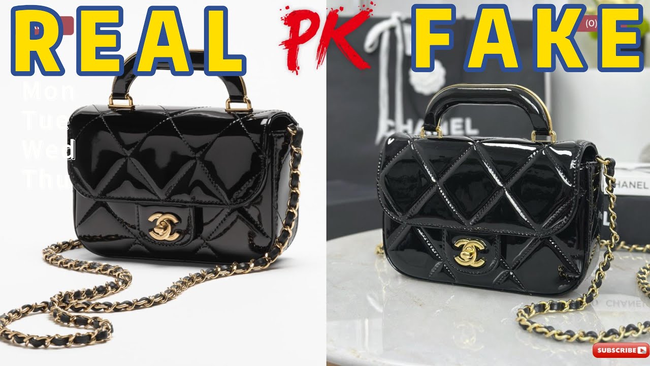 REAL VS FAKE The mini flap bag is equipped with a handle Metallic mirror effect calfskin with gold