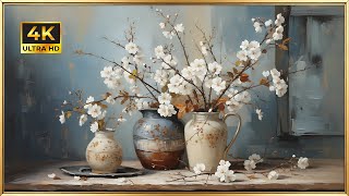 Soft White Cherry Blossom Branches | Gold Framed 4K Art Screensaver | Serene Floral TV Wallpaper screenshot 1