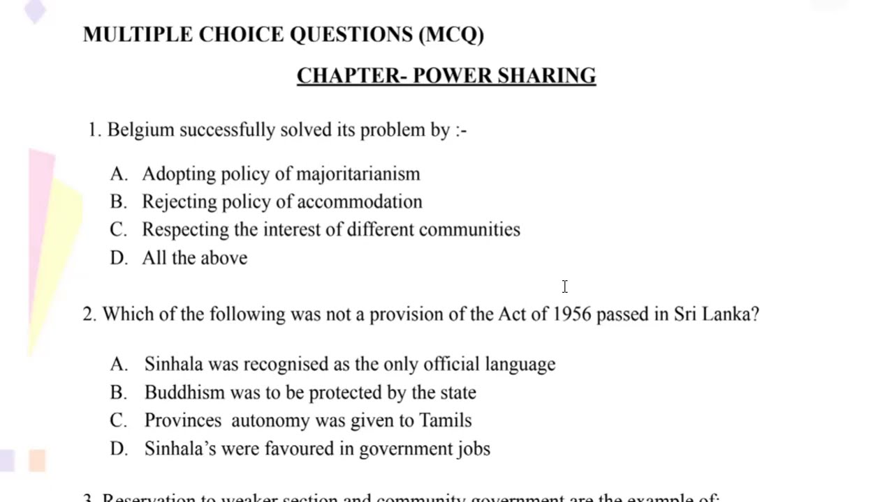 MCQs based on Power sharing 