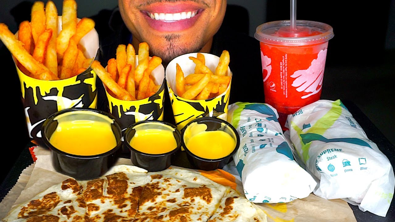 ASMR TACO BELL BURRITOS QUESADILLA NACHO CHEESE FRY MUKBANG FREEZE TALKING REVIEW EDA