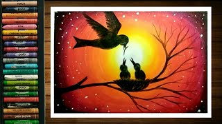 Mother bird feeding baby bird drawing with oil pastels -step by step || birds drawing ||Sunset draw