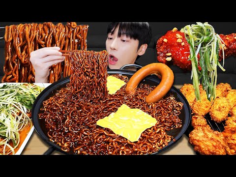 ASMR MUKBANG 직접 만든 양념 치킨먹방! 짜파게티 소세지 김치 레시피 & 먹방 BLACK BEAN NOODLES AND FRIED CHICKEN EATING SOUND!