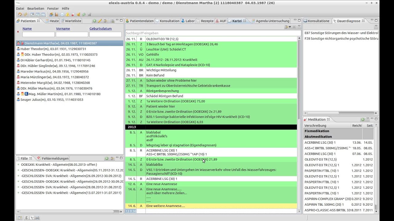 Arztsoftware elexis-austria Arbeiten mit der Patientenkartei