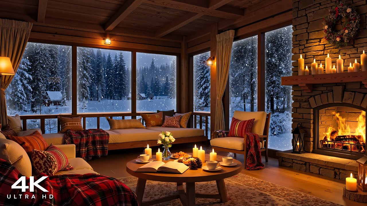 Soft Jazz in Wooden Cabin Ambience - Peaceful Winter Night with Soothing Jazz & Fireplace Sounds