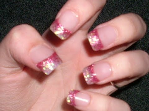 Acrylic Nail Tutorail Pink glitter tips with white glitter ...