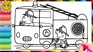 Peppa Pig family in fire truck Drawing, Painting and Coloring for Kids . Peppa Pig coloring book