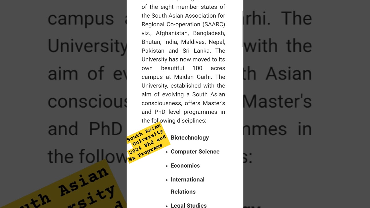 South Asian University 2024 Phd and Ma Programs  