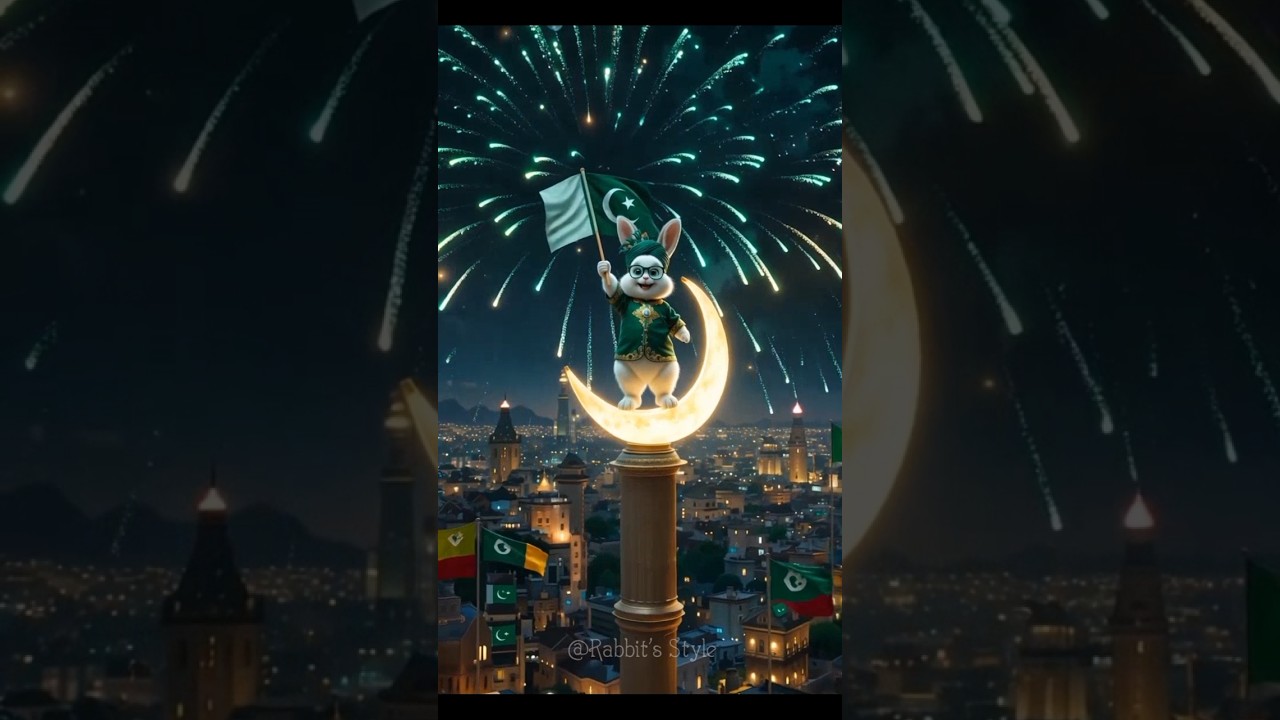 Rabbit🐇 Waving Pakistan Flag🇵🇰 on Glowing Crescent Moon🌙 
