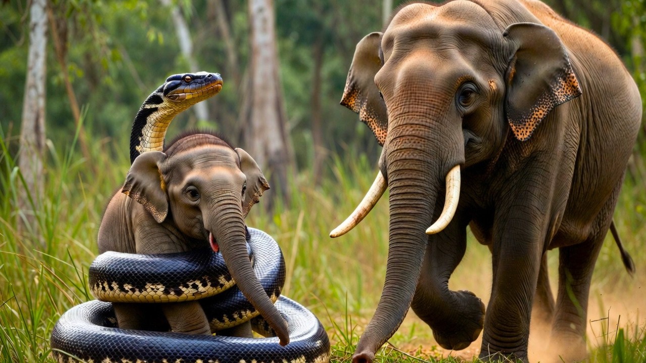 Слонят чуть не раздавила гигантская анаконда – гениальный трюк мамы спас его |
