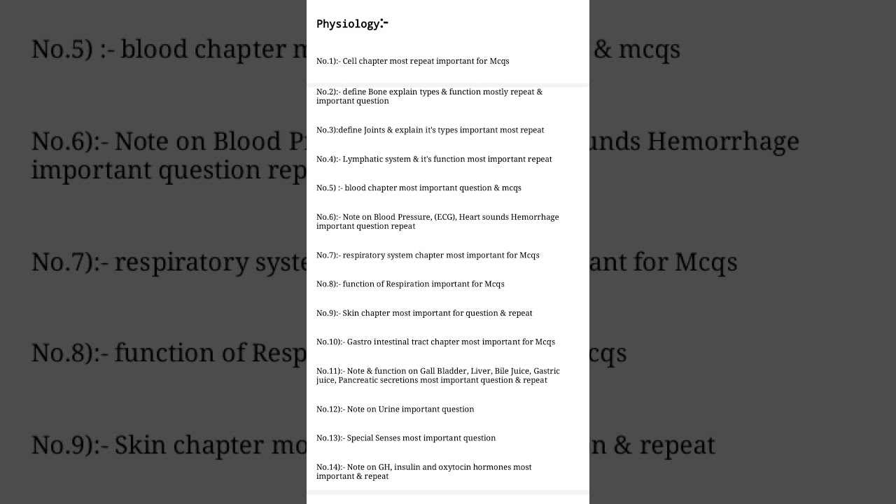 Full book (Physiology) Important Question Pharmacy Technician B Category 1st year