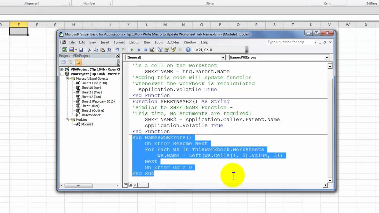 Write a Macro to Update an Excel Worksheet Tab Name