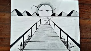How to Draw Easy Scenery of Mountain, Bridge and River Step by Step | Simple Nature Scenery Drawing