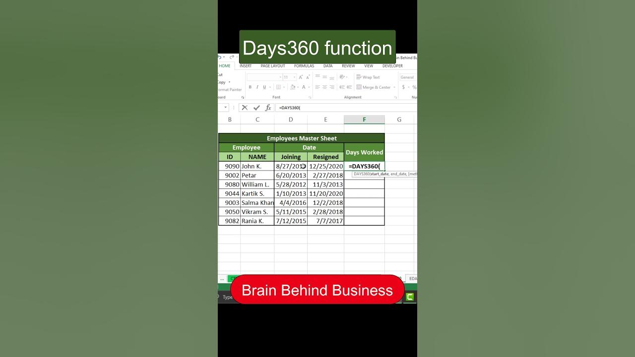 Excel days360 formula in excel count days from dates days360