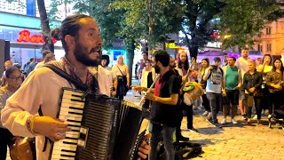 Colombian band is performing a traditional Ukrainian song "TY ZH MENE PIDMANULA" in Prague