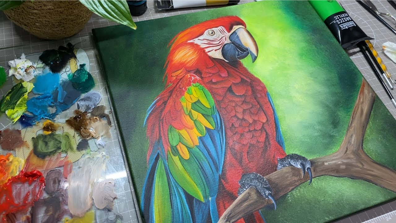 🦜 Scarlet Macaw Acrylic Painting | Step-by-Step Preview Tutorial 🎨✨
