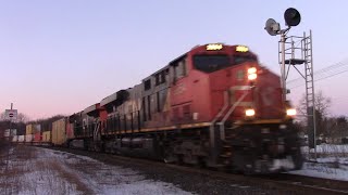 Very Long Stack Train CN 120 w/Inspection Car & DPU Heading Out of Moncton, NB at Sunrise