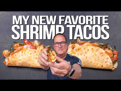 Shrimp tacos gobernador with poblano, tomato and Monterey Jack crisped on the tortilla, from the video