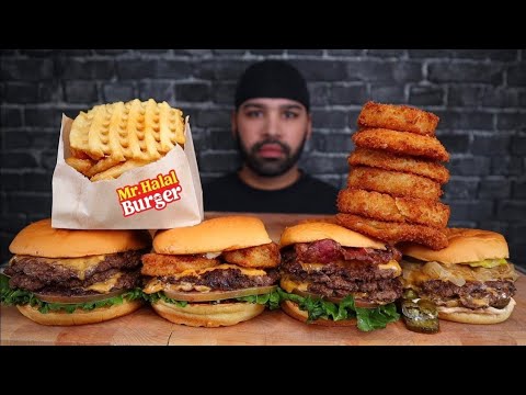(ASMR NO TALKING) THREE PATTY CHEESE BURGER, JALAPEÑO BURGER, BEEF BACON CHEESE BURGER, WAFFLE FRIES