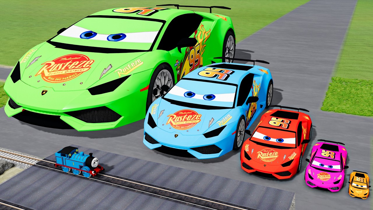 Big & Small Colors Lamborghini Lightning McQueen VS Train Thomas | BeamNG.drive