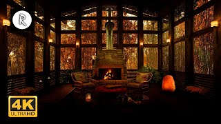 🔥 Cozy Autumn Ambience 4K - Crackling Fireplace w/ Rain on Roof &amp; Thunder for Sleep, Relaxation, Spa