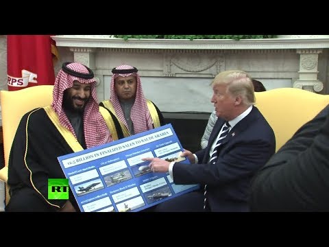 ‘That’s peanuts to you’: Trump brings props showing Saudi weapons purchases