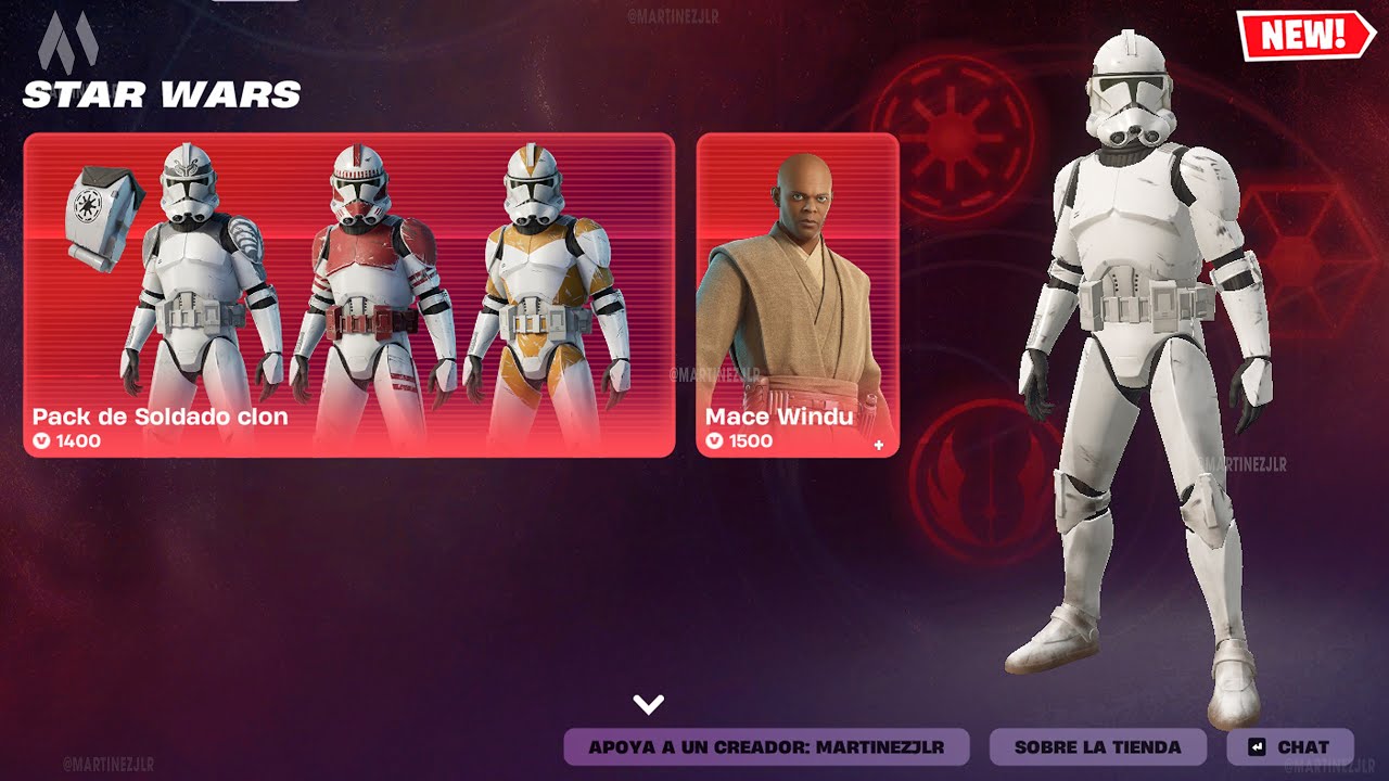 VUELVE SKINS STAR WARS, Skin SOLDADO CLON, Skin MACE WINDU, Skin JAR JAR BINKS, Skin JEFE MAESTRO
