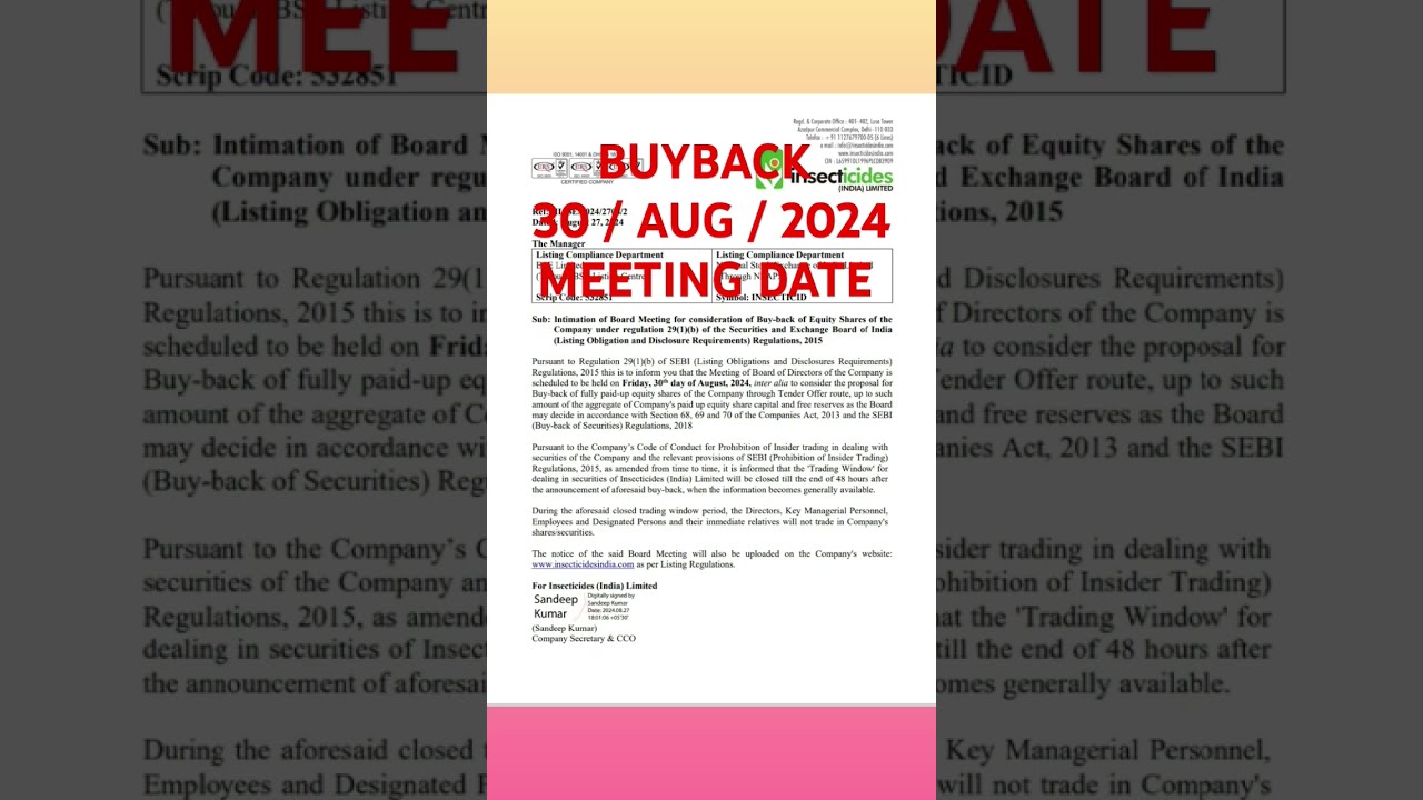  Buyback Insecticides India Ltd Share Update Stockmarket Bse Nse Smju Shorts
