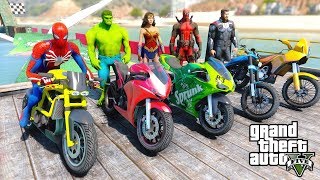 Spiderman and SUPERHEROES Beach Rampa Challenge With MOTORCYCLES WONDER WOMAN, THOR  - GTA V MODS