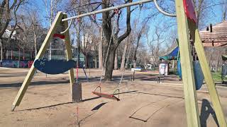 Empty children playground in cathedral square park in the center of Chisinau, Moldova during state