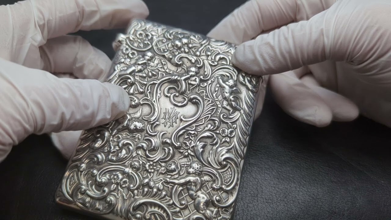 1899年 英国アンティーク 浮彫ロココ彫刻 純銀製カードケース 79g